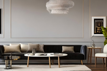 A modern living room with a sofa, table and artwork on the wallの素材