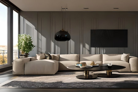 A modern living room with a sofa, table and artwork on the wallの素材