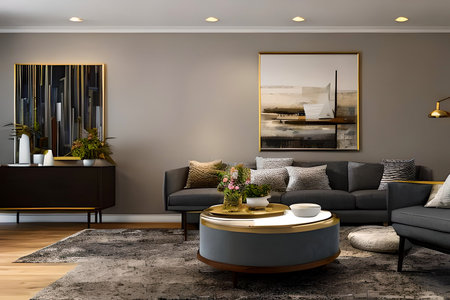 A modern living room with a sofa, table and artwork on the wallの素材