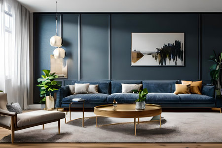 A modern living room with a sofa, table and artwork on the wallの素材