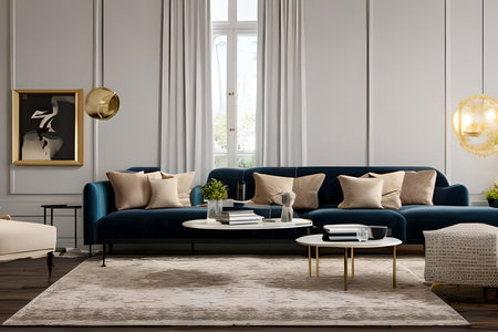 A modern living room with a sofa, table and artwork on the wallの素材