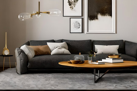 A modern living room with a sofa, table and artwork on the wallの素材