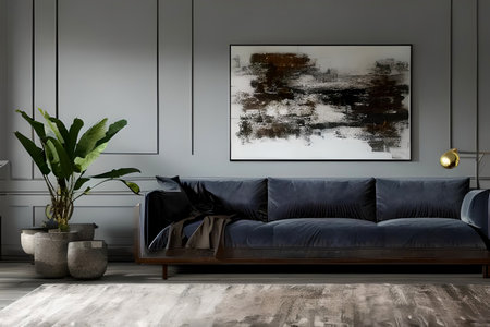 A modern living room with a sofa, table and artwork on the wallの素材