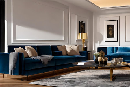 A modern living room with a sofa, table and artwork on the wallの素材