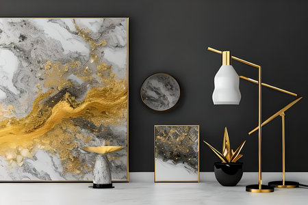 A modern living room with a sofa, table and artwork on the wallの素材