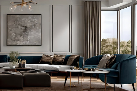A modern living room with a sofa, table and artwork on the wallの素材