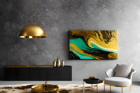 A modern living room with a sofa, table and artwork on the wallの素材