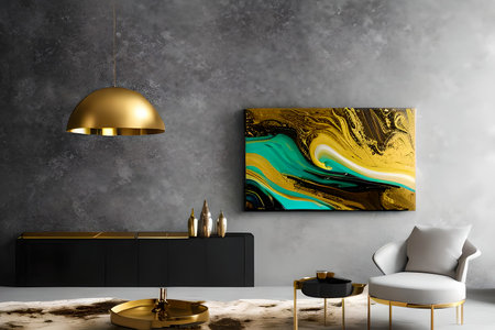 A modern living room with a sofa, table and artwork on the wallの素材