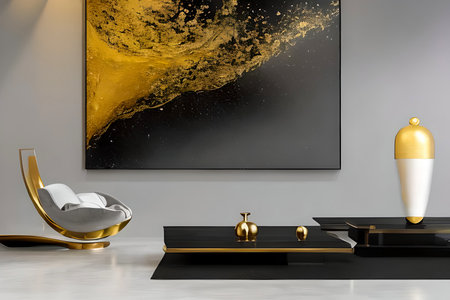 A modern living room with a sofa, table and artwork on the wallの素材