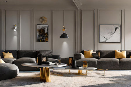 A modern living room with a sofa, table and artwork on the wallの素材