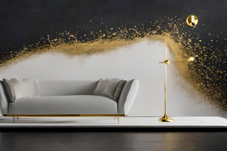 A modern living room with a sofa, table and artwork on the wallの素材