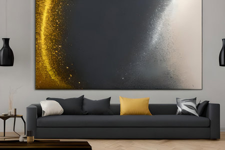 A modern living room with a sofa, table and artwork on the wallの素材