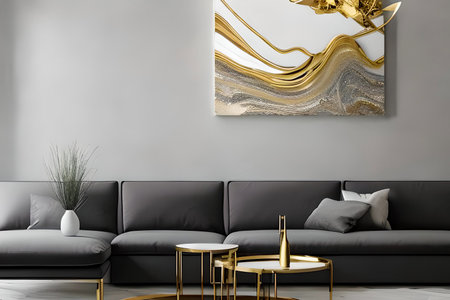 A modern living room with a sofa, table and artwork on the wallの素材