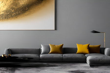 A modern living room with a sofa, table and artwork on the wallの素材