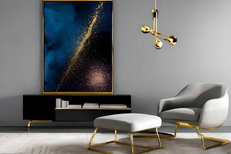 A modern living room with a sofa, table and artwork on the wallの素材