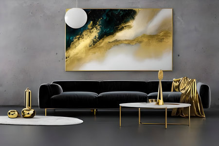 A modern living room with a sofa, table and artwork on the wallの素材