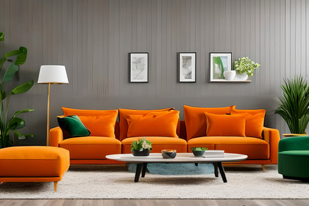 A modern living room with a sofa, table and artwork on the wallの素材