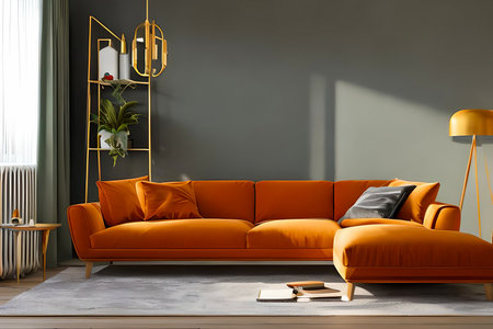 A modern living room with a sofa, table and artwork on the wallの素材