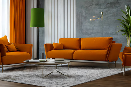 A modern living room with a sofa, table and artwork on the wallの素材