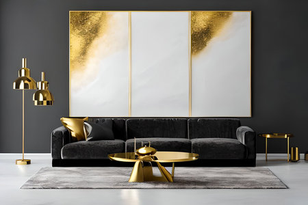 A modern living room with a sofa, table and artwork on the wallの素材