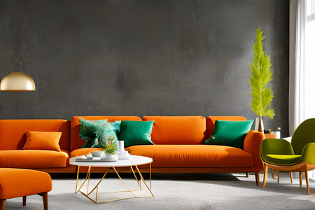A modern living room with a sofa, table and artwork on the wallの素材