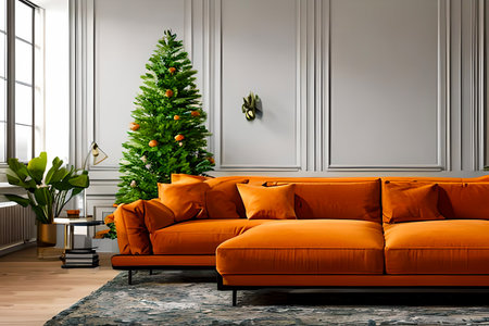 A modern living room with a sofa, table and artwork on the wallの素材
