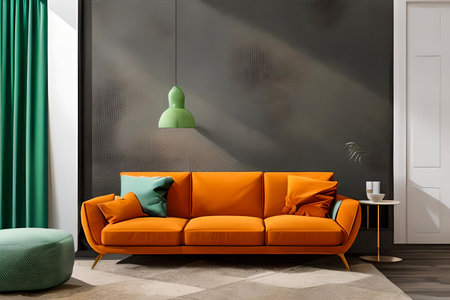 A modern living room with a sofa, table and artwork on the wallの素材
