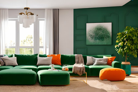 A modern living room with a sofa, table and artwork on the wallの素材
