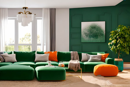 A modern living room with a sofa, table and artwork on the wallの素材