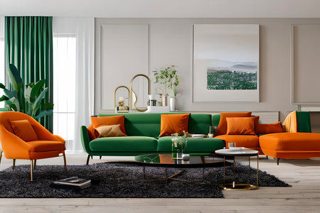 A modern living room with a sofa, table and artwork on the wallの素材