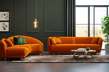 A modern living room with a sofa, table and artwork on the wallの素材
