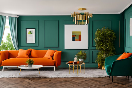 A modern living room with a sofa, table and artwork on the wallの素材