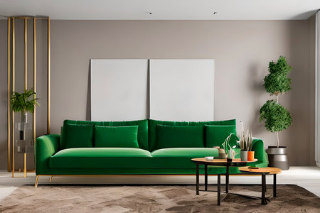 A modern living room with a sofa, table and artwork on the wallの素材