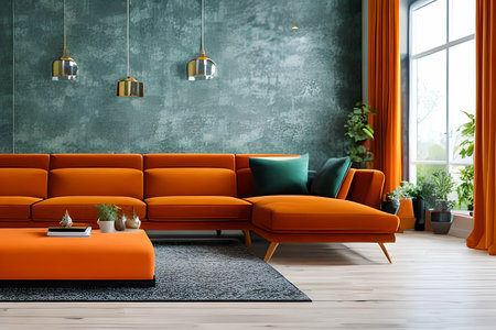 A modern living room with a sofa, table and artwork on the wallの素材
