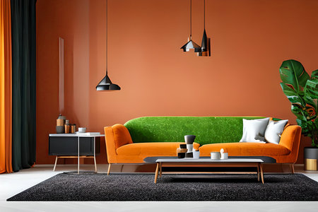 A modern living room with a sofa, table and artwork on the wallの素材