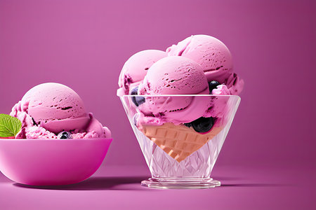 Delicious Blueberry ice cream balls isolated on Colorfull Backgroundの素材