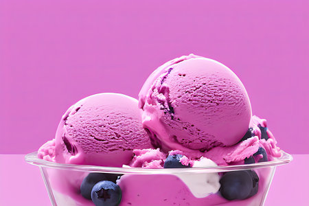 Delicious Blueberry ice cream balls isolated on Colorfull Backgroundの素材
