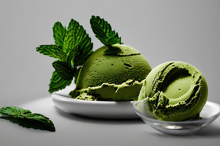 Delicious Blueberry ice cream balls isolated on Colorfull Backgroundの素材