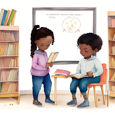 Kids Reading Books in Classroom, white board on Back, storybook Style Muted Colorsの素材