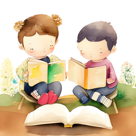 Kids Reading Books in Classroom, white board on Back, storybook Style Muted Colorsの素材