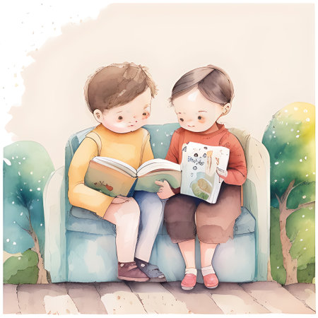 Kids Reading Books in Classroom, white board on Back, storybook Style Muted Colorsの素材