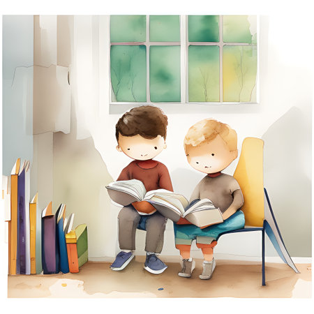 Kids Reading Books in Classroom, white board on Back, storybook Style Muted Colorsの素材