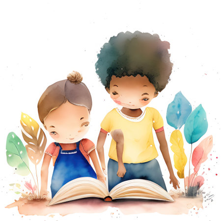 Cute little boy and girl reading a book. Vector illustration.の素材