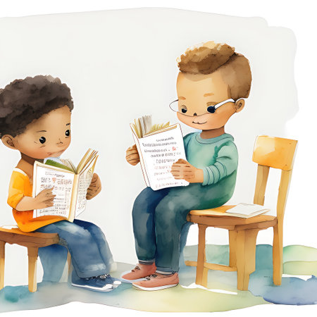 Kids Reading Books in Classroom, white board on Back, storybook Style Muted Colorsの素材