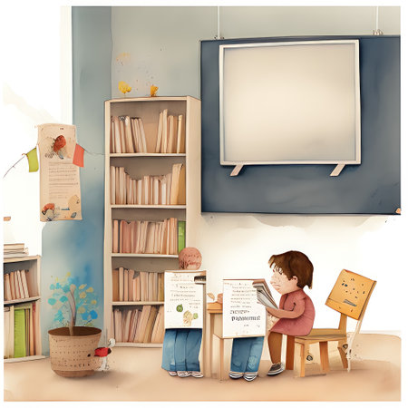 Kids Reading Books in Classroom, white board on Back, storybook Style Muted Colorsの素材