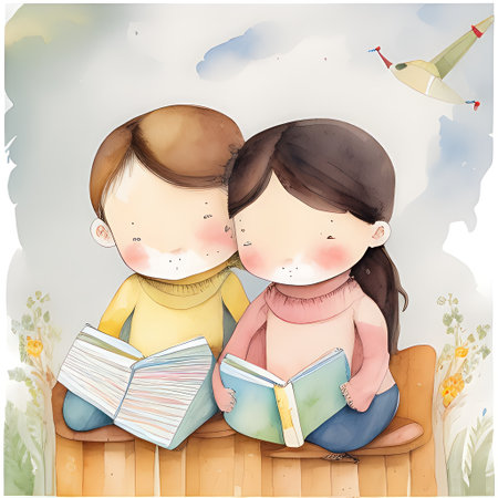 Two children reading books on a bench in the park. Vector illustration.の素材