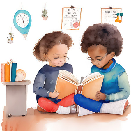 Two children reading books on a white background. Education concept. Isolated.の素材