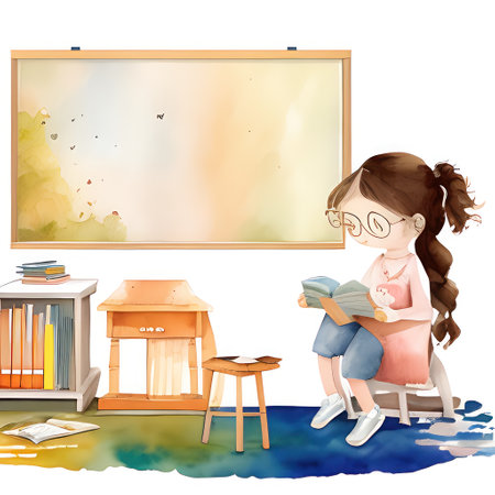 cartoon scene with girl reading book on white background - illustration for childrenの素材