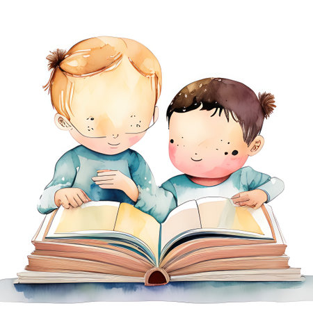 Illustration of a boy and a girl reading a book on a white backgroundの素材
