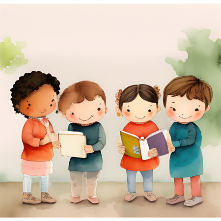 Illustration of a boy and a girl reading books on a benchの素材